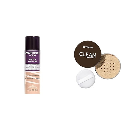 COVERGIRL+OLAY Simply Ageless 3-in-1 Liquid Foundation, Classic Ivory & Clean Invisible Loose Powder - Loose Powder, Setting Powder, Vegan Formula - Translucent Fair, 20g (0.7 oz)-VivaGrace Women
