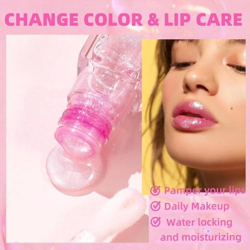 Hydrating Lip Gloss Transparent Lip Care, Magic Color Changing Moisturizing Lip Glow Oil Plumping Glimmer Glow Lipstick, Long Lasting Moisturizing Non-sticky Fresh Texture Lip Oil(201#Change Color)-VivaGrace Women