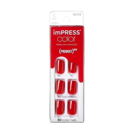 KISS (Product) Red imPRESS Color Press-On Manicure, 'Red Impact', Solid Red Press-On Nails, Short Length & Square Shape, Prep Pad, Mini Nail File, Manicure Stick, & 30 Fake Nails