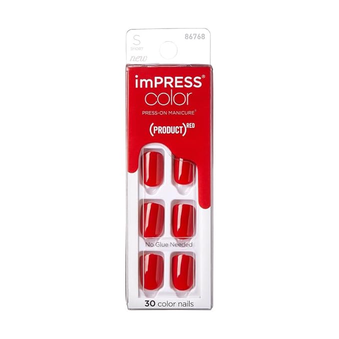 KISS (Product) Red imPRESS Color Press-On Manicure, 'Red Impact', Solid Red Press-On Nails, Short Length & Square Shape, Prep Pad, Mini Nail File, Manicure Stick, & 30 Fake Nails