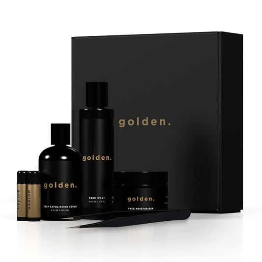 Golden Grooming Co. Essential Men's Skincare Routine Set - Complete Face Care System | Face Wash, Deep Exfoliating Scrub, Moisturizer | Tweezers & 2 Lip Balm Sticks Included | 30 Day Supply-VivaGrace Women