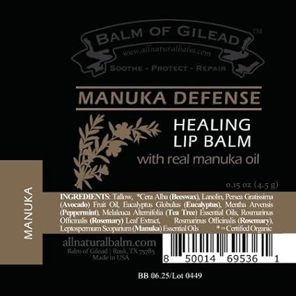 BALM OF GILEAD Manuka Defense Healing Lip Balm - Intensive Moisture Therapy in Tube w/Manuka, Tea Tree & Cooling Peppermint - Ideal for Chapped & Cracked Lips - Beauty Pack Of 4-0.15 oz-VivaGrace Women