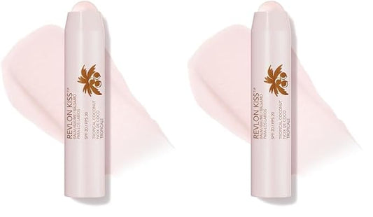 Revlon Lip Balm, Kiss Tinted Lip Balm, Face Makeup with Lasting Hydration, SPF 20, Infused with Natural Fruit Oils, 010 Tropical Coconut, 0.09 Oz (Pack of 2)-VivaGrace Women