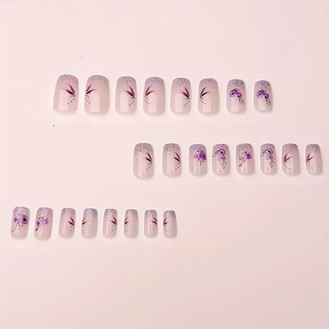24Pcs Short Square Fake Nails Purple Flower Press on Nails Glitter Designs Valentine Nails Glue on Purple French Tip False Nails Full Cover Gradient Stick on Nails for Women Manicure Kit