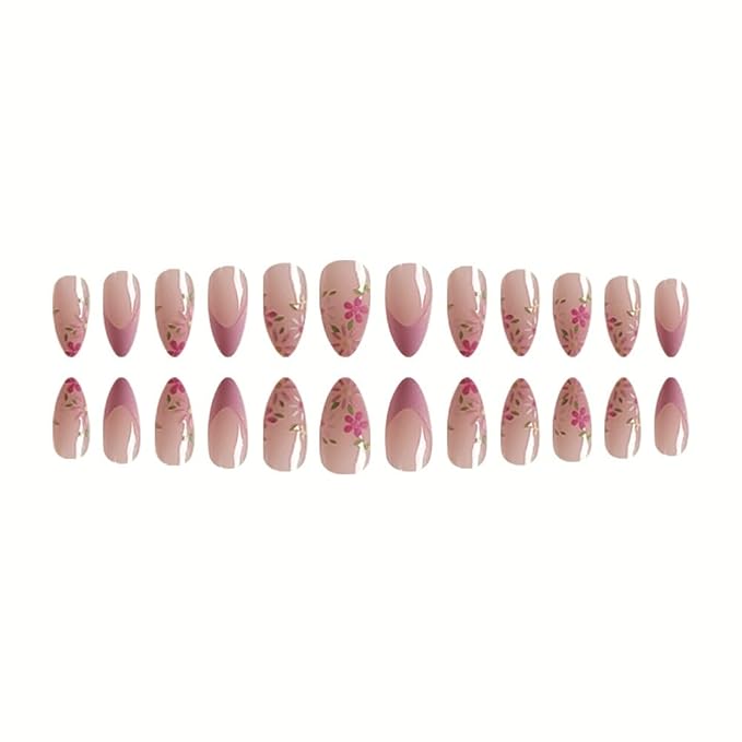 Pink French tips Press on Nails Medium Almond Fake Nails with Design Pink Flower Glue on Nails Glossy Daisy Spring Nails Reusable Summer False Nails for Women Girls Manicure 24pcs