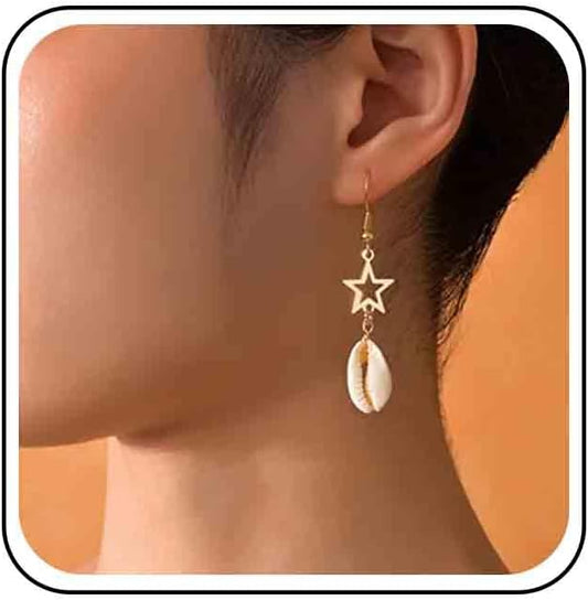 Vintage Cowrie Drop Earrings Puka Shell Dangle Earrings Gold Star Dangling Earrings Hollow Star Earrings Jewelry for Women-VivaGrace Women