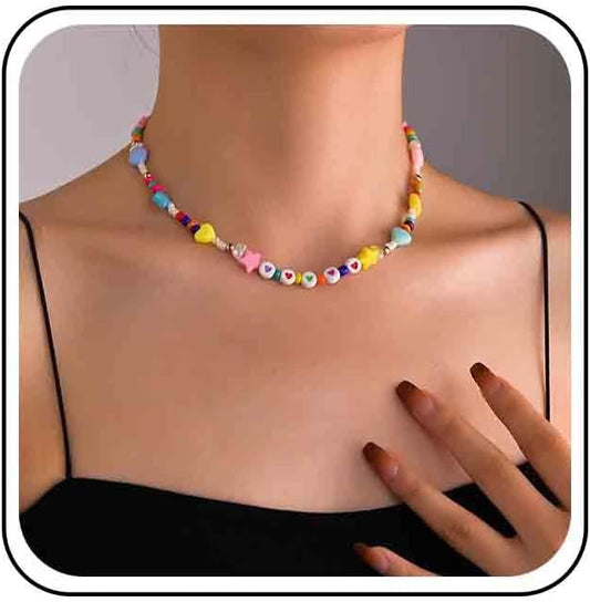 Vintage Seed Bead Choker Necklace Pearl Choker Necklace Colorful Star Heart Necklace Cute Rainbow Necklace Chain Jewelry for Women-VivaGrace Women