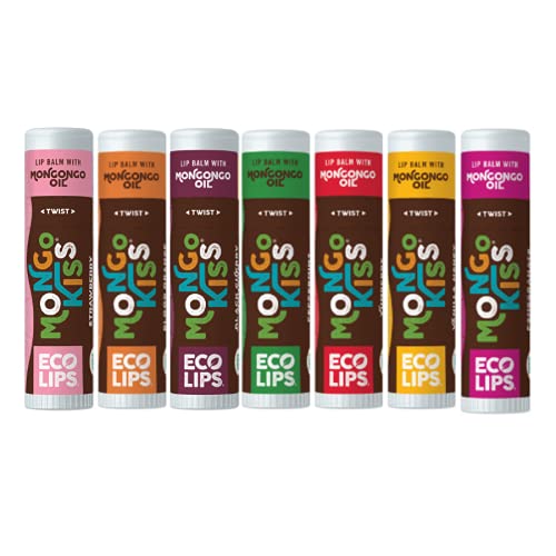 Eco Lips Mongo Kiss Organic Lip Balm 7 Pack - Blood Orange, Black Cherry, Pomegranate, Vanilla Honey, Peppermint, Strawberry Lavender, Yumberry | Mongongo Oil to Soothe & Moisturize Dry, Cracked Lips-VivaGrace Women