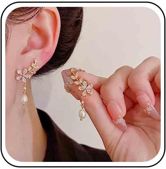 Vintage Crystal Flower Ear Climber Earrings Rhinestone Pearl Dangle Earrings Gold Cz Chain Tassel Earrings Sparkly Pearl Drop Earrings Jewelry for Women-VivaGrace Women