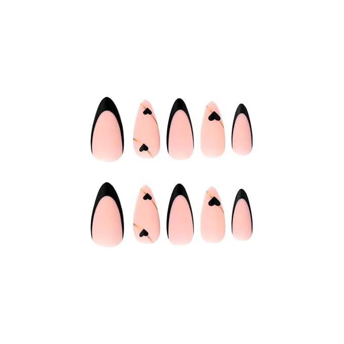 Black French Tip Press on Nails Medium Almond Fake Nails with Black Heart Design Gold Line Stick on Nails Glossy Acrylic Full Cover Glue on Nails Stiletto False Nail For Women Mother's Day Manicure