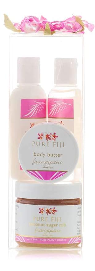 Pure Fiji Spa Gifts for Women and Man - Body Gift Box Include: Sugar Scrub , Bath and Body Oil, Body Butter and Body Lotion, Scent Frangipani-VivaGrace Women