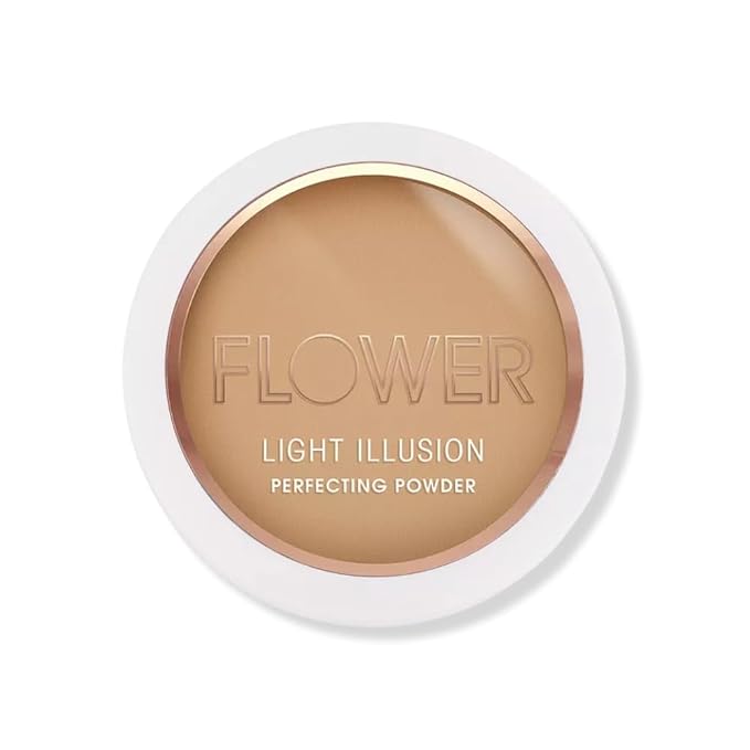 FLOWER Beauty By Drew Barrymore Light Illusion Perfecting Powder - Powder Foundation + Setting Powder for Makeup - Medium Buildable Coverage - Natural Glow + Flawless Finish - Mirror + Sponge Include d (Sable)-VivaGrace Women