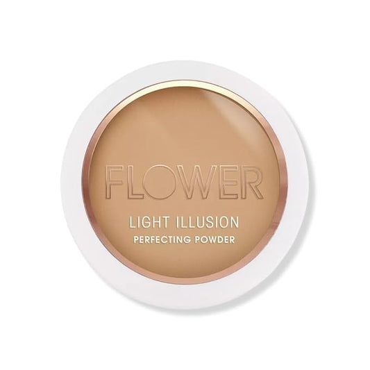 FLOWER Beauty By Drew Barrymore Light Illusion Perfecting Powder - Powder Foundation + Setting Powder for Makeup - Medium Buildable Coverage - Natural Glow + Flawless Finish - Mirror + Sponge Include d (Sable)-VivaGrace Women