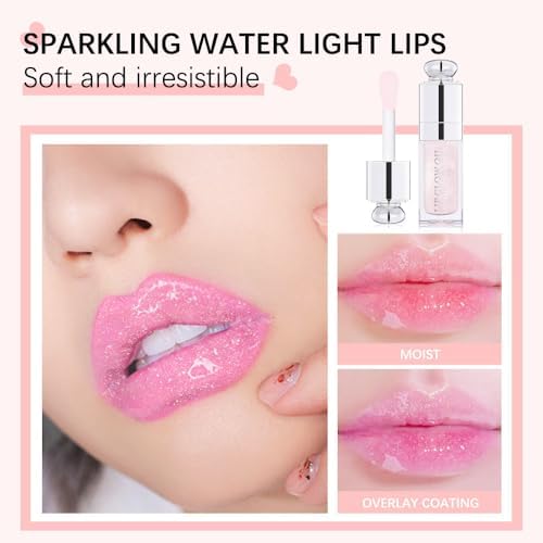 Plumping Lip Oil,Hydrating Gloss Tinted Lip Balm Transparent Lip Care,Big Brush Head Glitter Shine,Long Lasting Nourishing Non-sticky Fresh Textureand Dry Lips Care Products0.2 OZ(002#CLEAR TO PINK)-VivaGrace Women