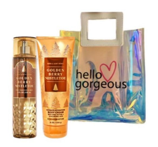 White Barn - Bath and Body Works - Gift Set 2 Piece Bundle - with Gift Bag HELLO GORGEOUS (Golden Berry Mistletoe)-VivaGrace Women