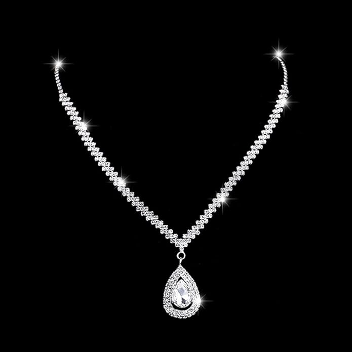 Bride Silver Necklace Earrings Set Rhinestone Wedding Jewelry Set Crystal Choker Necklace for Women-VivaGrace Women