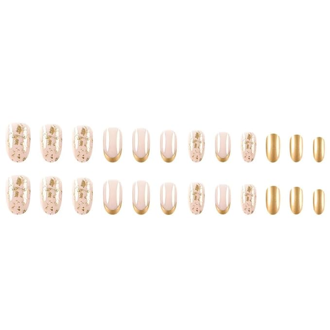 Medium Gold French Tip Press on Nails Almond Fake Nails Nude False Nails with Gold Foil Design Glossy Acrylic Glue on Nails Reusable Artificial Nail Full Cover Sticker on Nails for Women Manicure