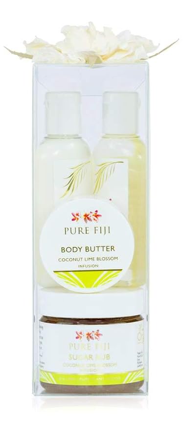 Pure Fiji Spa Gifts for Women and Man - Body Gift Box Include: Sugar Scrub , Bath and Body Oil, Body Butter and Body Lotion, Scent Coconut Lime Blossom-VivaGrace Women