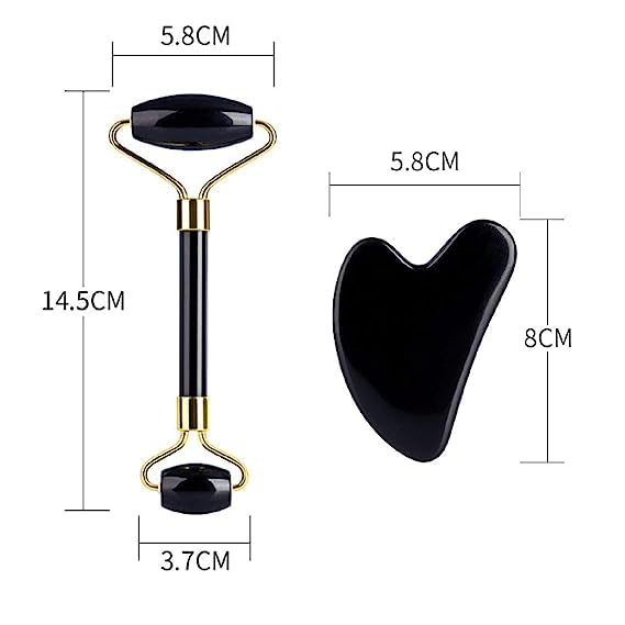 Black Obsidian Jade Facial Roller & Gua Sha Set 100% Natural Source from Highest Altitude of Himalayan Two-Sided Face Neck Massager Stone Beauty Tool-VivaGrace Women