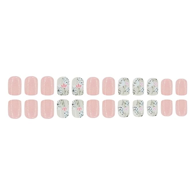 Pink Flower Press on Nails Short Square Fake Nails Cute Floral False Nails Full Cover Glue on Nails Artificial Acrylic Stick on Nails Spring Nude Pink Fake Nails for Women Manicure Kit 24Pcs