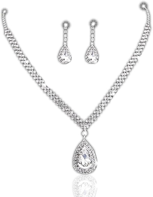 Bride Silver Necklace Earrings Set Rhinestone Wedding Jewelry Set Crystal Choker Necklace for Women-VivaGrace Women