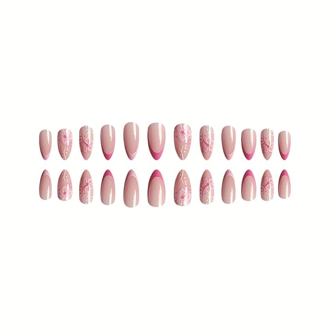 Pink French tips Press on Nails Medium Almond Fake Nails with Design Pink Flower Glue on Nails Glossy Spring Nails Reusable Summer False Nails for Women Girls Manicure 24pcs