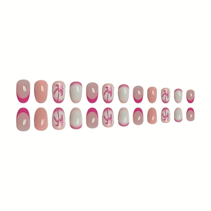 Coconut Tree Press on Nails Medium Almond Fake Nails with Design Ombre Orange Glue on Nails Glossy Spring Nails Reusable Pink French tips Gradient Summer False Nails for Women Girls Manicure 24pcs