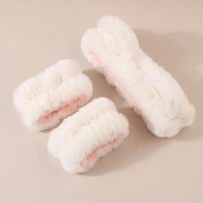 7pcs/Set Hairdressing Accessories Kit, Lovely Bear Decor Head Band, Elastic Fluffy Water Absorbent Head Hoops, Flower Shaped Hair Claw Clips, Ponytail Holders Hair Ties (White)-VivaGrace Women