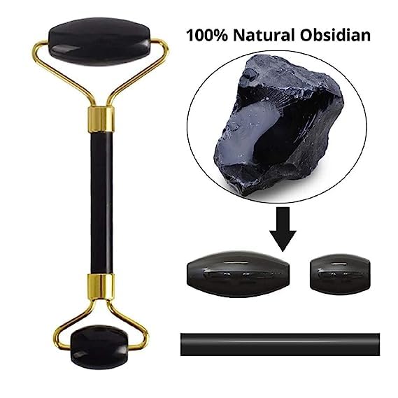 Black Obsidian Jade Facial Roller & Gua Sha Set 100% Natural Source from Highest Altitude of Himalayan Two-Sided Face Neck Massager Stone Beauty Tool-VivaGrace Women