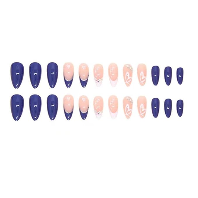 Stiletto Press on Nails Medium Blue Fake Nails Heart False Nails with Design Rhinestone Glue on Nails Artificial French Acrylic Nail Glossy Full Cover Stick on Nails for Women Girls Manicure 24pcs