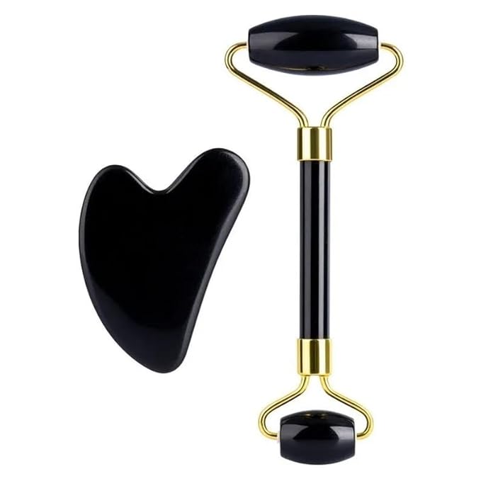 Black Obsidian Jade Facial Roller & Gua Sha Set 100% Natural Source from Highest Altitude of Himalayan Two-Sided Face Neck Massager Stone Beauty Tool-VivaGrace Women