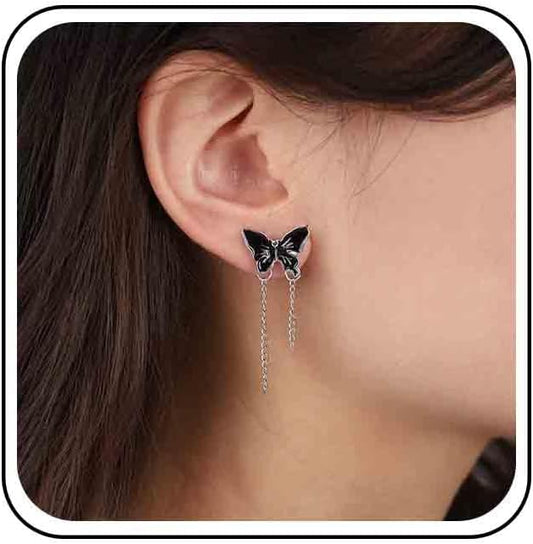 Vintage Butterfly Stud Earrings Silver Chain Tassel Dangle Earrings Black Butterfly Earrings Layer Chain Drop Earrings Jewelry for Women-VivaGrace Women