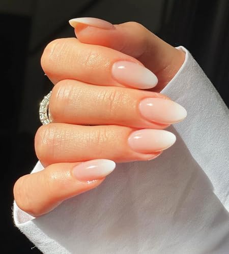 Curvlife Press on Nails Acrylic Fake Nails with Design Full Cover False Nails Reusable Nail Kit with Nail Glue Adhesive Tabs Nail File Artificial Glue on Nails (Pink-white gradient, Medium)