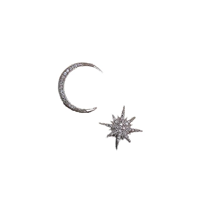 Boho Star Moon Studs Earrings Silver CZ Sunburst Earrings Rhinestone Crescent Moon Earrings Mismatched Earrings Jewelry for Women and Girls-VivaGrace Women