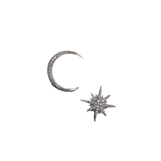 Boho Star Moon Studs Earrings Silver CZ Sunburst Earrings Rhinestone Crescent Moon Earrings Mismatched Earrings Jewelry for Women and Girls-VivaGrace Women