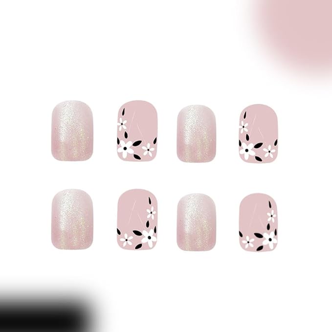 24Pcs Flower Press on Nails Short Square Fake Nails with Gold Designs Nude Pink Gradient Fake Nails Cute Flower Artificial Nails Spring Glue on Nails Acrylic Nails for Women