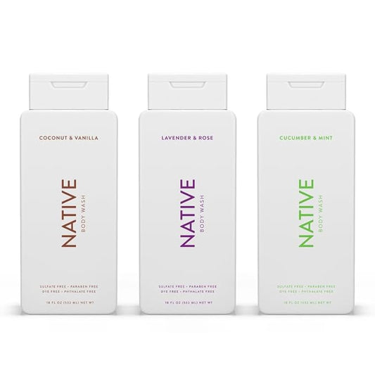 Native Body Wash Contains Naturally Derived Ingredients | for Women & Men, Sulfate, Paraben, & Dye Free Leaving Skin Soft & Hydrated |Coconut & Vanilla, Lavender Rose, & Cucumber Mint, 18 oz Pack of 3-VivaGrace Women