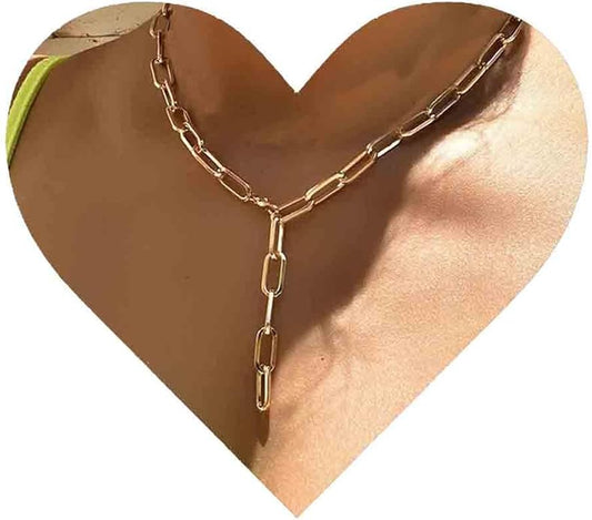 Boho Link Chain Y Necklace Gold Chain Lariat Necklace Chunky Chain Drop Necklace Paperclip Statement Necklace Jewelry for Women-VivaGrace Women