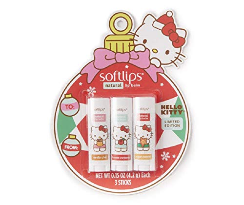 Hello Kitty Limited Edition Softlips Ornament Natural Lip Balm 3-Pack Vanilla Chai, Frosted Cranberry, Sugar Cookie, Holidays 2020-VivaGrace Women