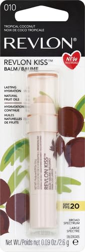 Revlon Lip Balm, Kiss Tinted Lip Balm, Face Makeup with Lasting Hydration, SPF 20, Infused with Natural Fruit Oils, 010 Tropical Coconut, 0.09 Oz (Pack of 2)-VivaGrace Women