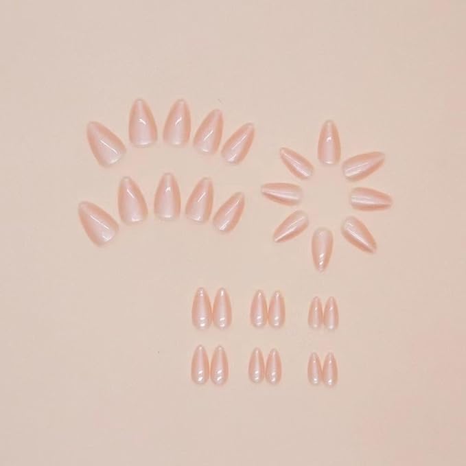 Press on Nails Medium Nude Fake Nails Almond False Nails with Design Reusable Acrylic Artificial Nails Full Cover Glue on Nails Glossy Stick on Nails for Women Girls Manicure 24pcs
