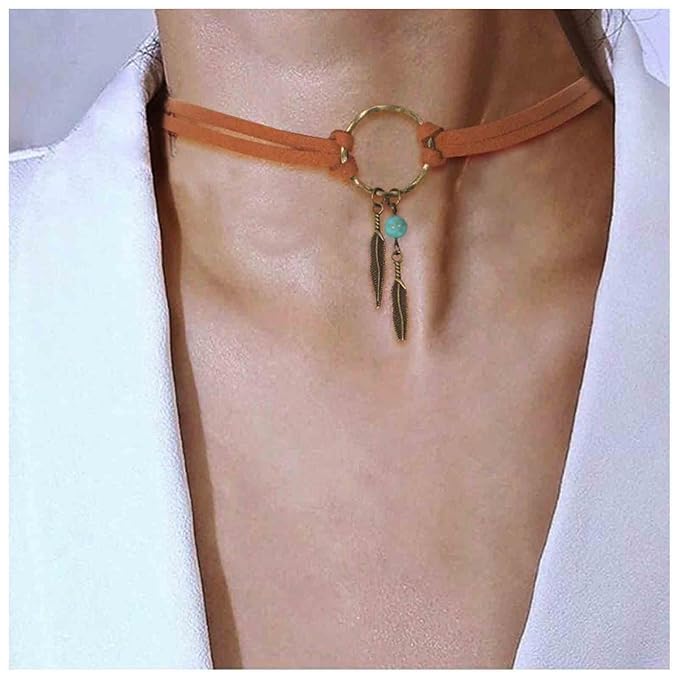 Boho Layered Suede Choker Necklace Tiny Leaf Pendant Necklace Chain Brown O Ring Leather Choker Necklace Turquoise Bead Necklace Chain Jewelry for Women and Girls-VivaGrace Women