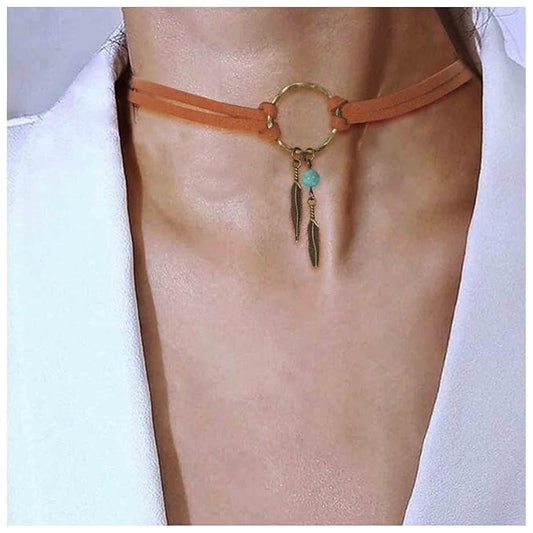 Boho Layered Suede Choker Necklace Tiny Leaf Pendant Necklace Chain Brown O Ring Leather Choker Necklace Turquoise Bead Necklace Chain Jewelry for Women and Girls-VivaGrace Women