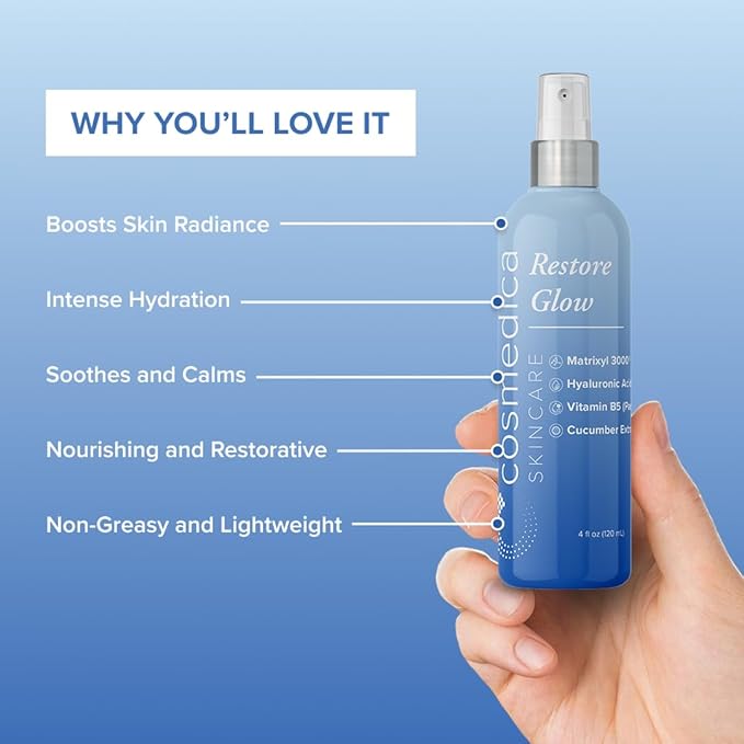 Cosmedica Skincare Restore Glow Peptide Spray Hydrating Mist with Matrixyl 3000, Vitamin B5, Hyaluronic Acid & Cucumber Extract for Radiant Skin – 4 oz-VivaGrace Women