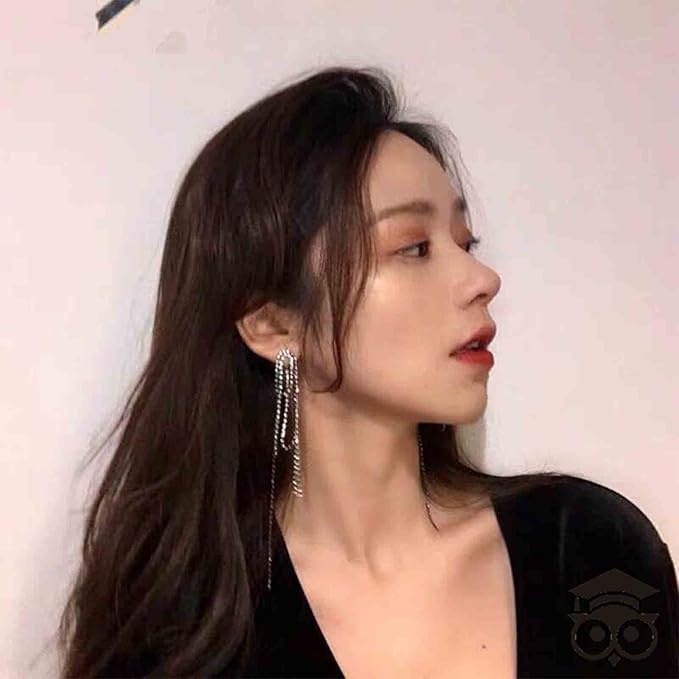 Rhinestone Tassel Ear Jacket Earrings Long Rhinestone Chain Earrings Silver Crystal Tassel Earrings Vintage Chandelier Chain Earrings Luxury Statement Earrings Jewelry for Women and Girls Gifts-VivaGrace Women