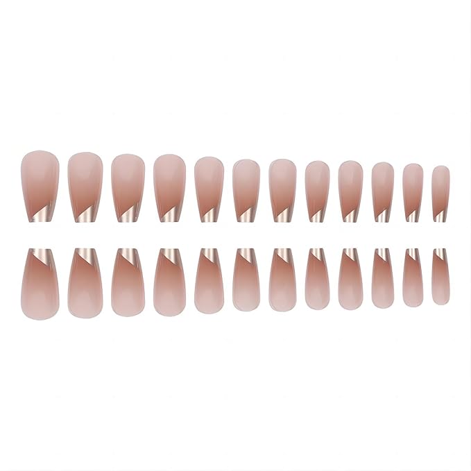 Medium Press on Nails Coffin Fake Nails with Designs Nude Gradient Acrylic False Nails with Glue French Gold Tip Artificial Nails Glossy Fake Fingernails Stick on Nails for Women 24Pcs