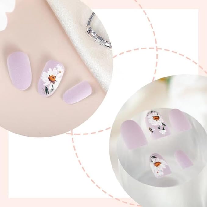 Flower Press on Nails Purple Fake Nails Medium Oval Nail Press ons with Design Lilac Glue on Nails Reusable Artificial Acrylic Nail Full Cover Stick on Nails Cute False Nails for Women Manicure 24pcs