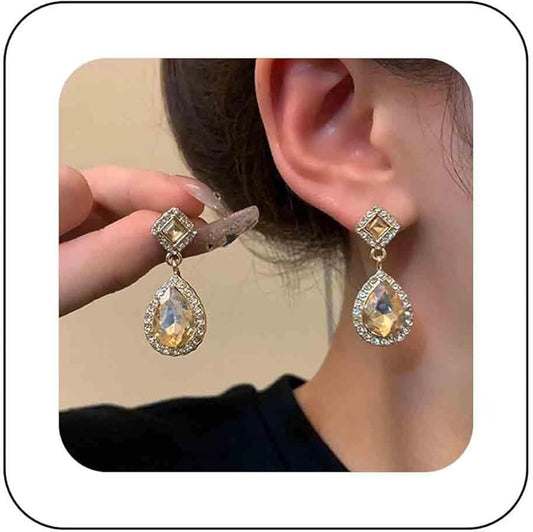 Vintage Crystal Teardrop Earrings Rhinestone Drop Earrings Sparkly Cz Teardrop Dangle Earrings Gold Square Gem Stud Earrings Jewelry for Women-VivaGrace Women