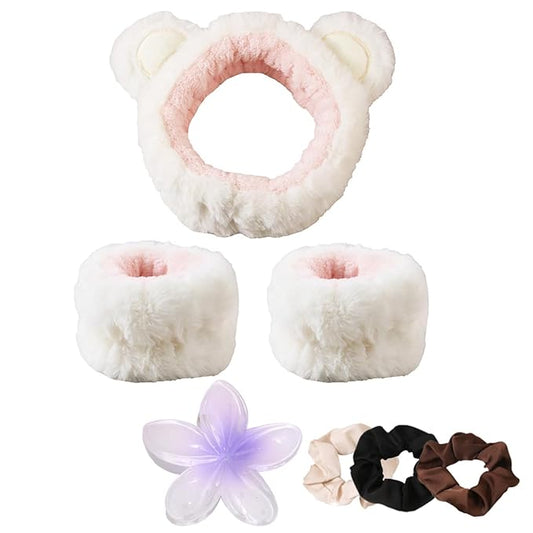 7pcs/Set Hairdressing Accessories Kit, Lovely Bear Decor Head Band, Elastic Fluffy Water Absorbent Head Hoops, Flower Shaped Hair Claw Clips, Ponytail Holders Hair Ties (White)-VivaGrace Women