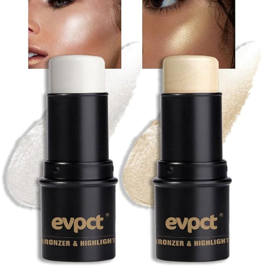 evpct 2Pcs Face Cream Makeup Highlighter Highlight Contour Stick Pearl White & Gold Glitter Contouring Highlighter Makeup Stick and Contour Illuminator Highly Piamented Long Lasting Skin Brighten 9+12-VivaGrace Women